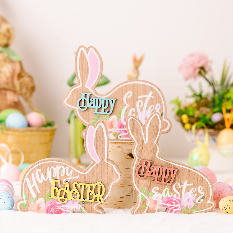 Cross-border new Easter decorations, wooden Easter rabbit figurines, cartoon 3D rabbit gifts pic 1