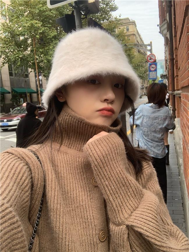 帽子女秋冬季韩版2022年爆款时尚百搭盆帽显脸小兔毛绒水桶渔夫帽详情6