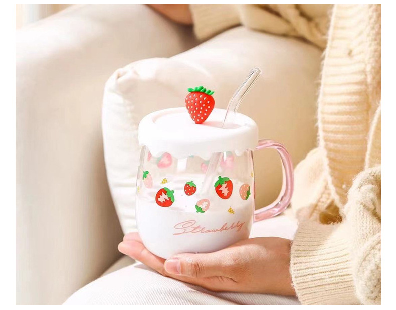 夏日饮品杯清新草莓吸管杯办公耐热玻璃杯学生闺蜜水杯一件代发详情8