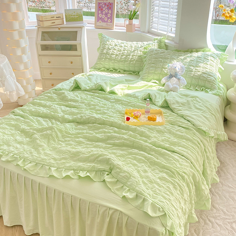 Simple style bubble gauze summer quilt four-piece set, high-end solid color washed cotton bed sheet, bed skirt, quilt cover, dormitory three-piece set pic 28