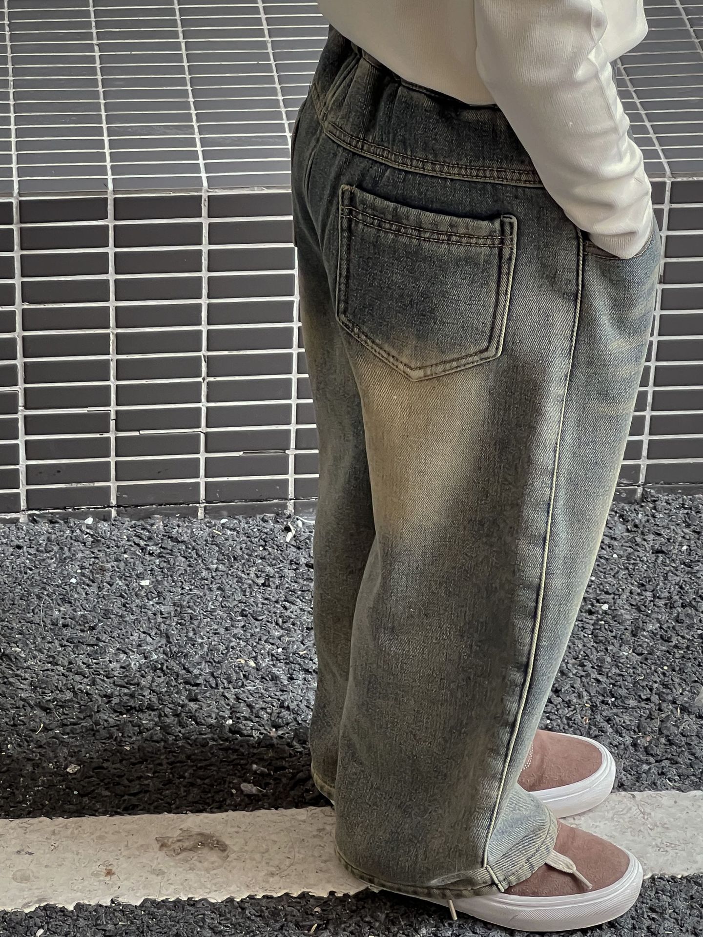 23秋冬中小童男童韩国童装复古水洗做旧铜色加绒一体绒蓝色牛仔裤详情19