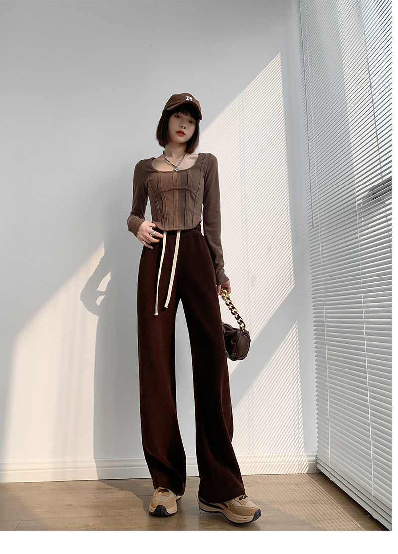 New autumn and winter European cotton fleece wide-leg pants for women: high-waisted, slimming, loose, drawstring, versatile, straight-leg, drape, pocket casual pants pic 10