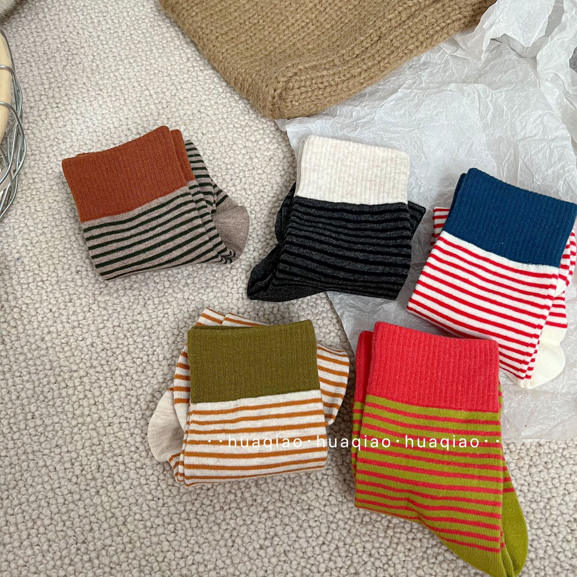 美拉德ins东大门撞色罗口条纹袜秋冬季堆堆袜休闲中筒袜女生袜子详情9