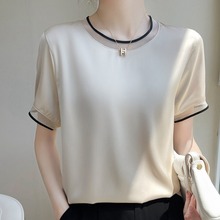 夏季新款仿真丝缎面网纱拼接圆领显瘦短袖T恤上衣女桑蚕丝百搭潮详情21