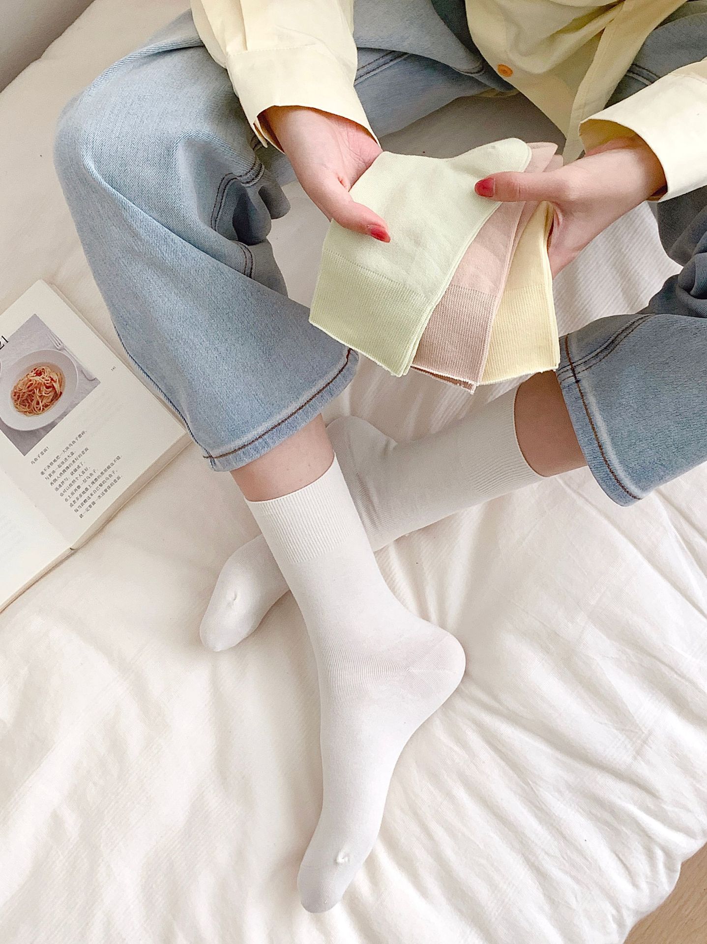 夏天女生袜子无骨堆堆月子袜日系马卡龙色松口春夏薄款简约中筒袜详情21