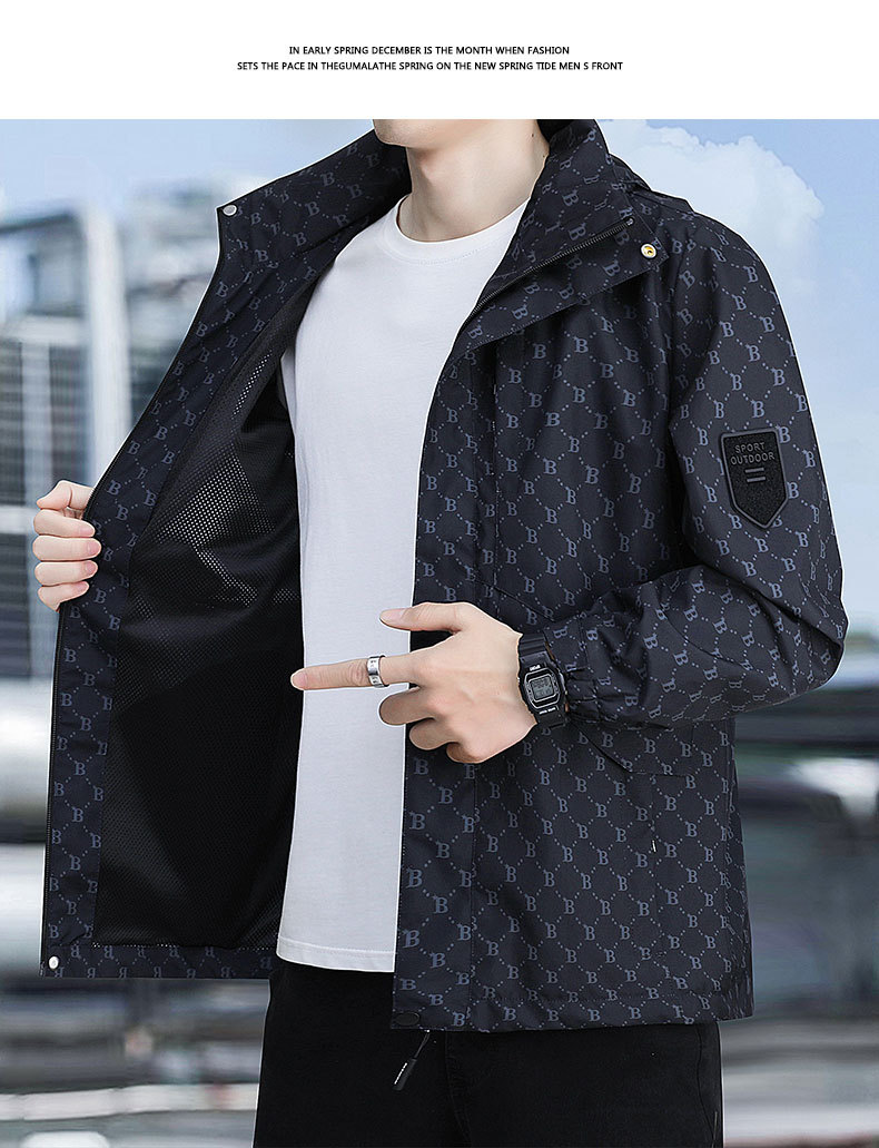 春秋季时尚潮牌印花户外休闲防风防水冲锋衣男士百搭帅气连帽夹克 pic 17