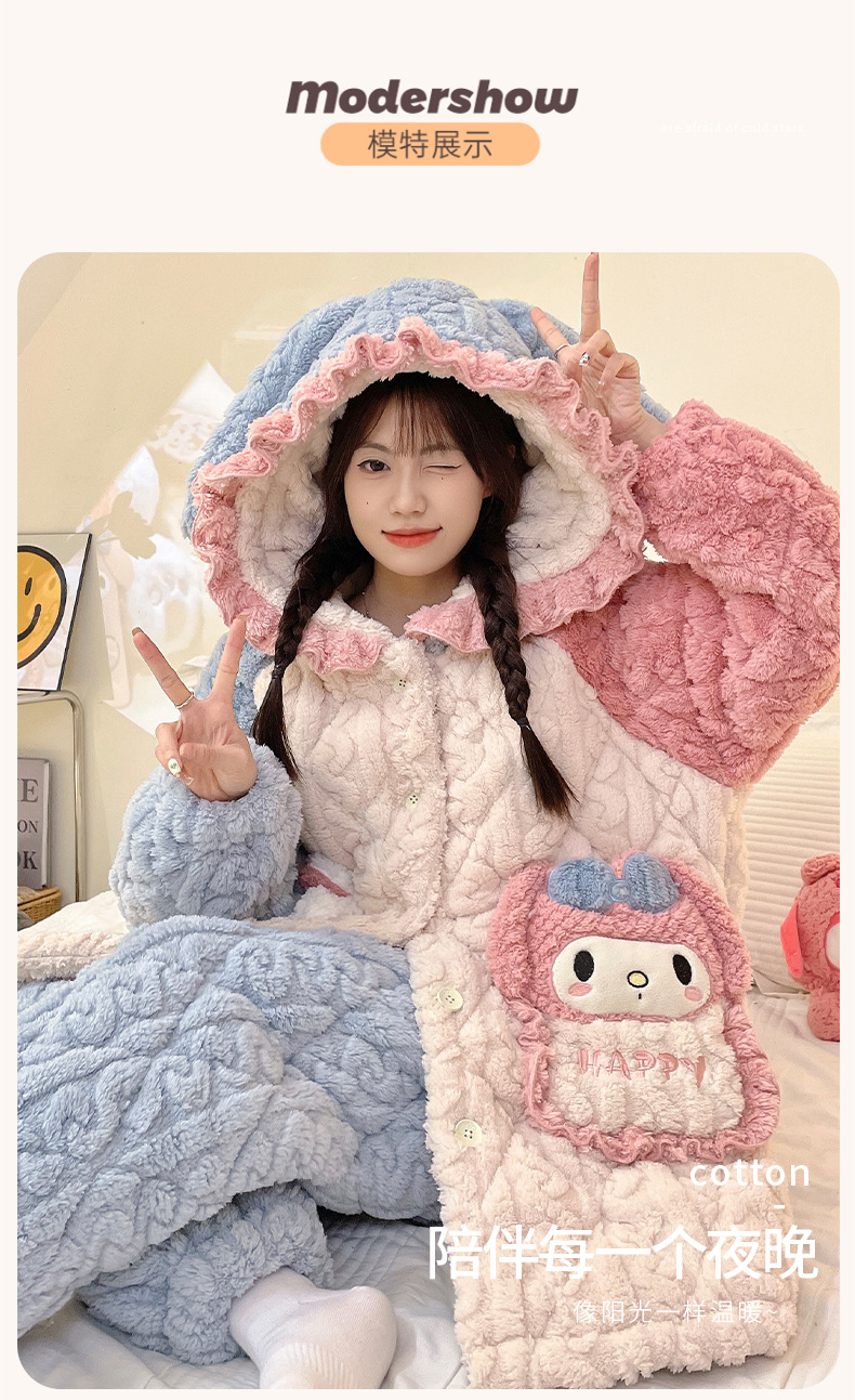 睡衣女士冬季三层加厚超厚夹棉珊瑚绒加绒法兰绒家居服秋冬款冬天详情3