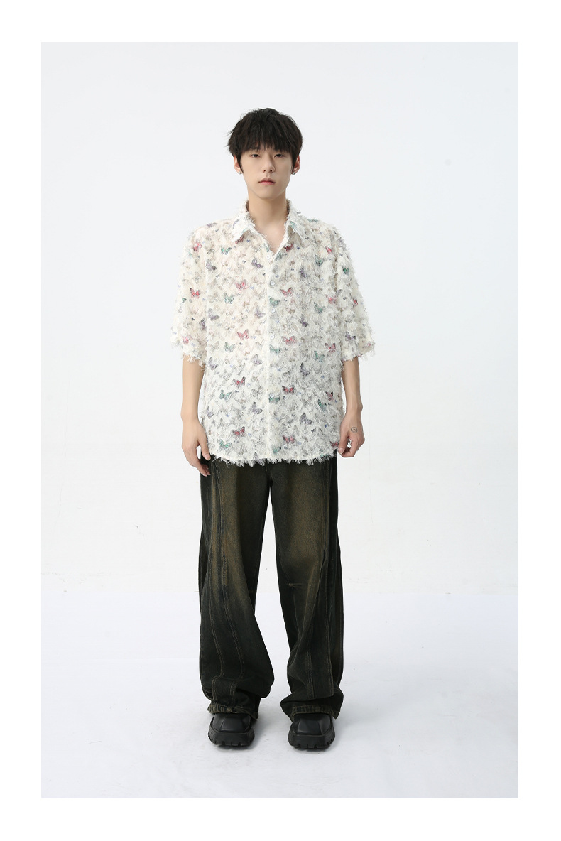 MTLCLOTHES男装|2024春款新品 法式小众独特彩色蝴蝶提花流苏衬衫详情12