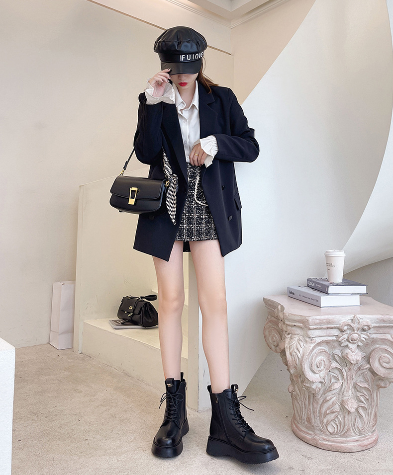 头层牛皮马丁靴女英伦风侧拉链真皮圆头厚底短靴一件代发黑色皮靴详情5