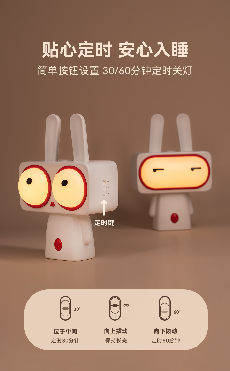 卡通啵比兔夜灯USB充电无极调光小夜灯儿童led定时伴睡可爱兔子灯详情6