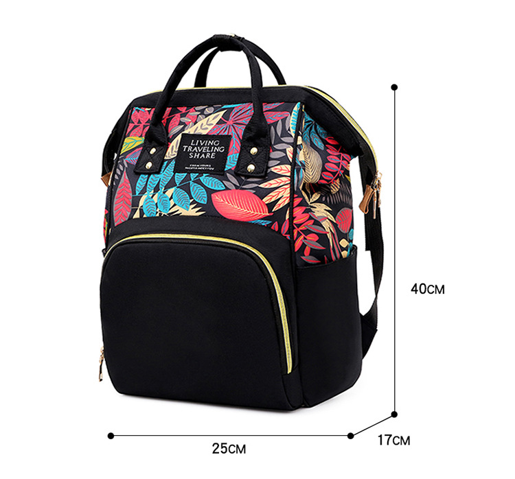 Multi-functional mommy bag, double-shoulder leaf pattern, silk material, waterproof, large capacity for going out, baby bottle, mother and baby bag, back zipper pic 3