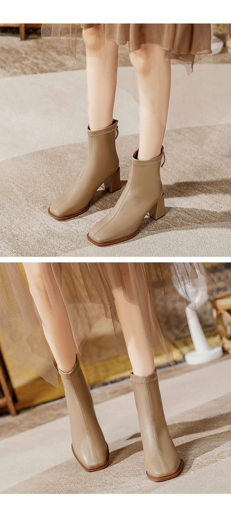 法式高跟短靴2023年新款粗跟时装靴子软皮白色春秋单靴方头瘦瘦靴详情4