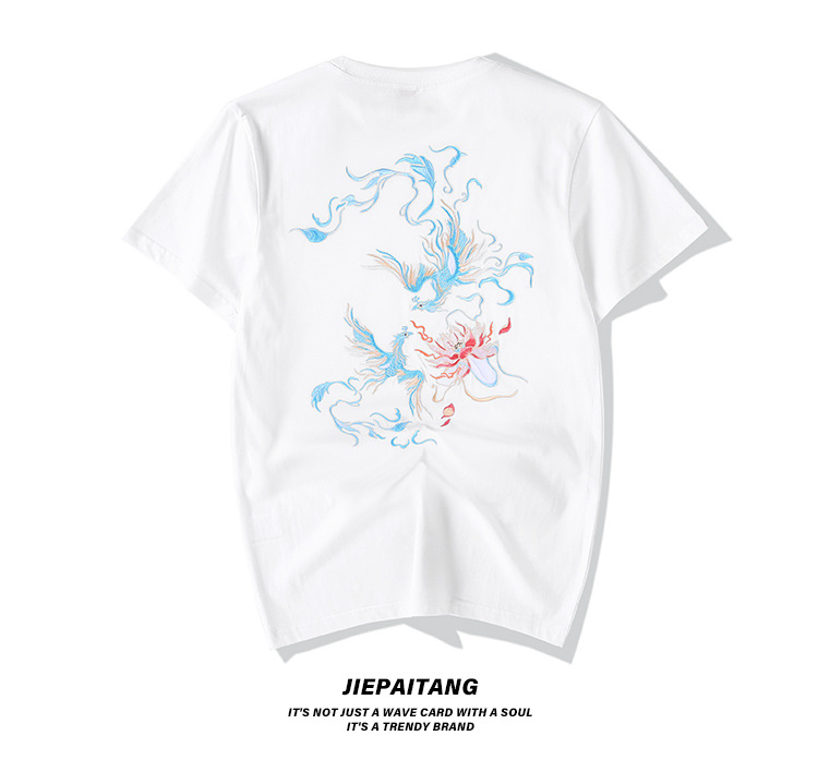 国潮中国风短袖t恤男 夏季宽松大码青年凤凰图案刺绣潮牌纯棉半袖 pic 17