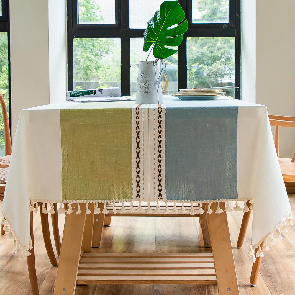 Cross-border Japanese color-blocking and color-blocking embroidered tassel tablecloths, kitchen, dining room, party, family table cover decoration, cotton and linen pic 1