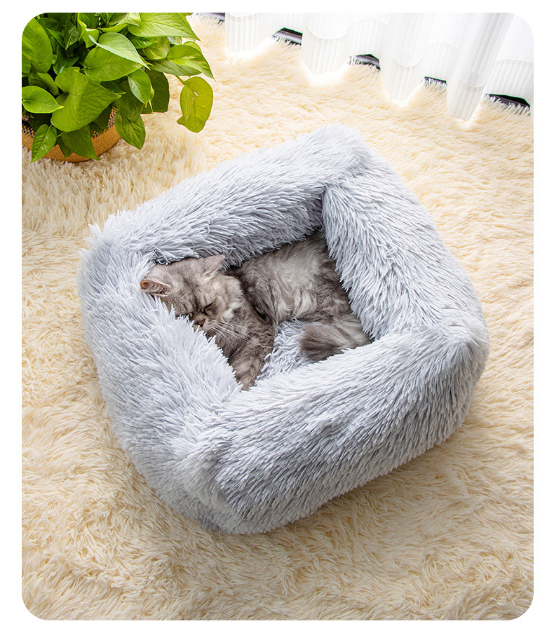 网红深度睡眠猫狗窝方形长毛绒秋冬窝猫床垫中小型犬绒猫窝详情9