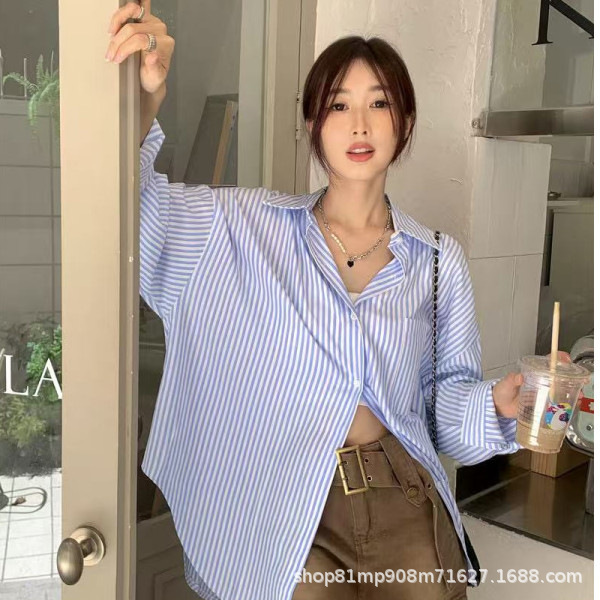 蓝色条纹高级感气质衬衣外套女装夏季慵懒风宽松休闲防晒衬衫上衣详情4