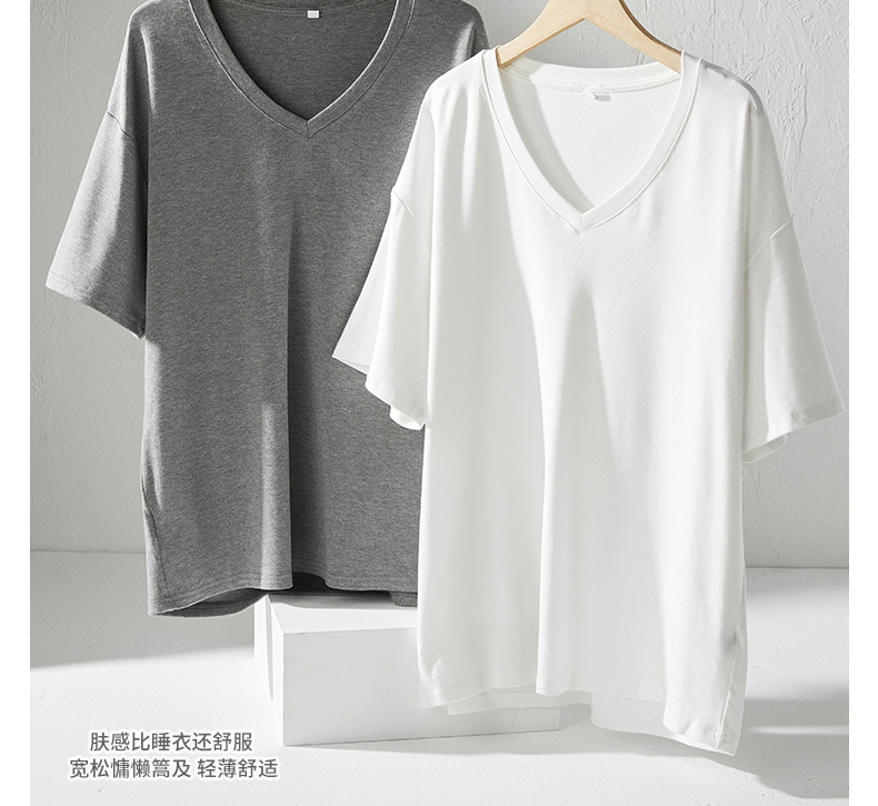 夏季韩系大版落肩袖V领短袖t恤女式基础款外穿高级感慵懒风上衣潮详情9