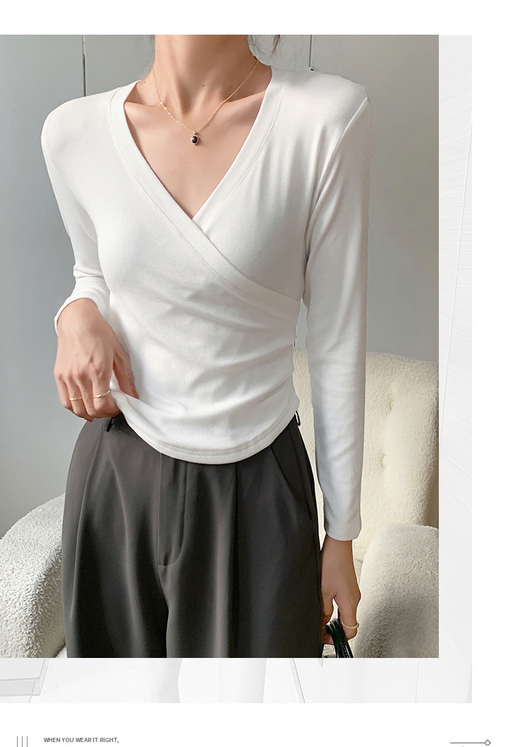 A new French cross-V-neck top for women, featuring a versatile Korean long-sleeved T-shirt with a unique design sense pic 10