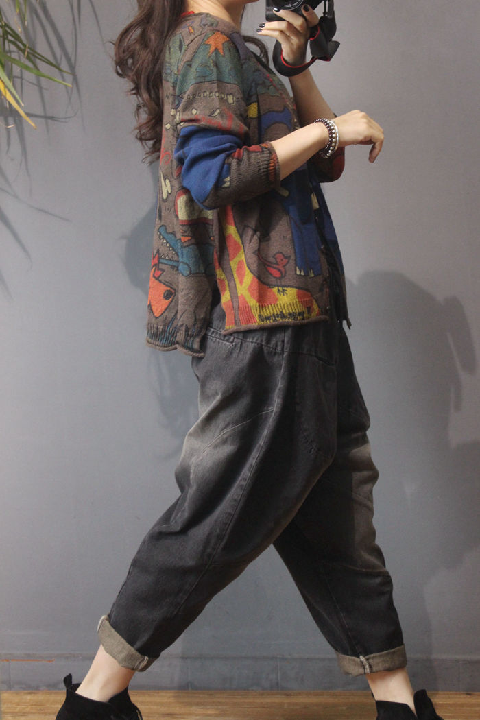 Spring 2021 new printed knitted cardigan for women, retro ethnic style, loose, large-sized, slimming long-sleeved top pic 15