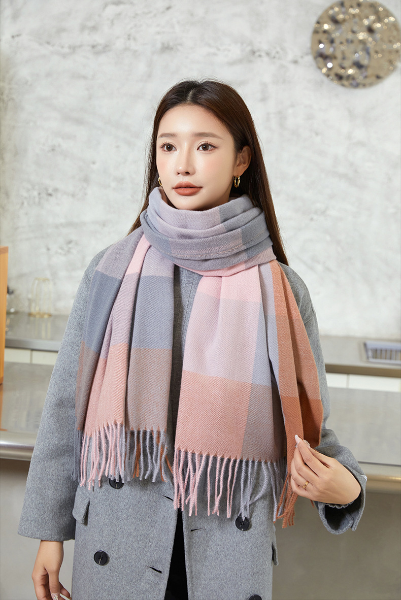 2022 New checkered scarf for women, a sweet and versatile Japanese and Korean style warm scarf, a fashionable shawl, and a faux cashmere scarf for women pic 28