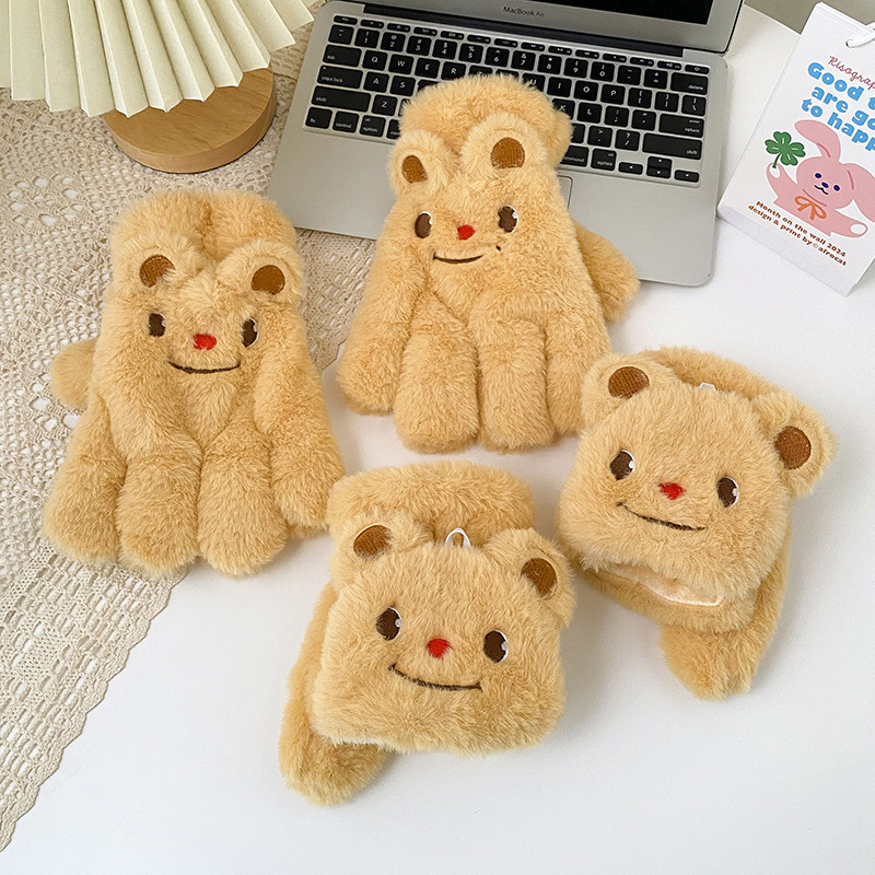 手套冬季女可爱卡通黄色小熊毛绒翻盖骑行学生保暖加绒加厚围巾详情3