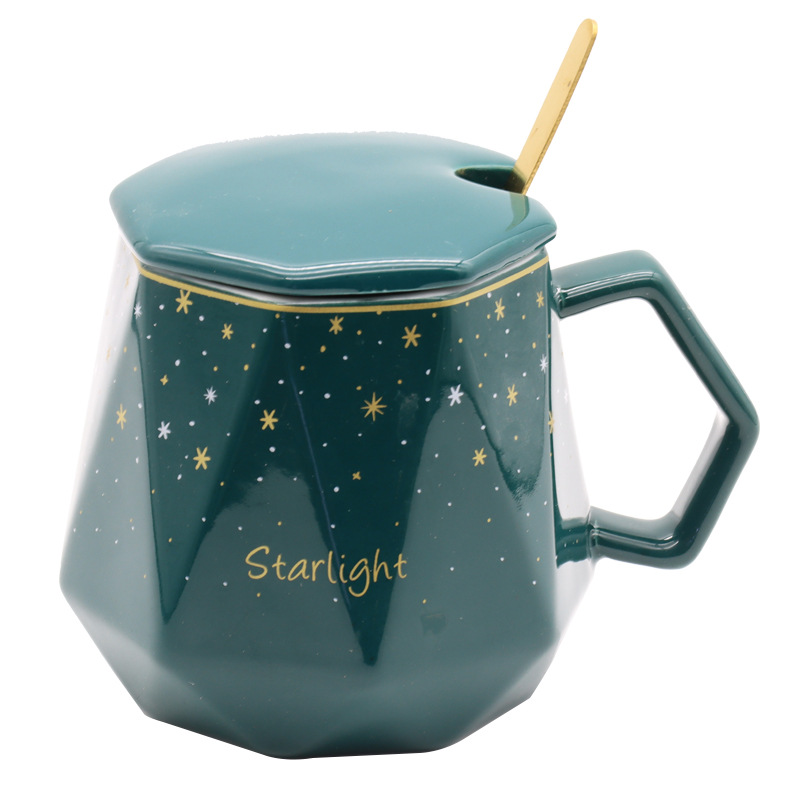 Hot-selling creative ceramic diamond starry sky cup mug, personalized handle with lid spoon set cup, Nordic ins style gold-plated large capacity breakfast cup, personal business gift cup, hand-held small gift box, guest logo available pic 8