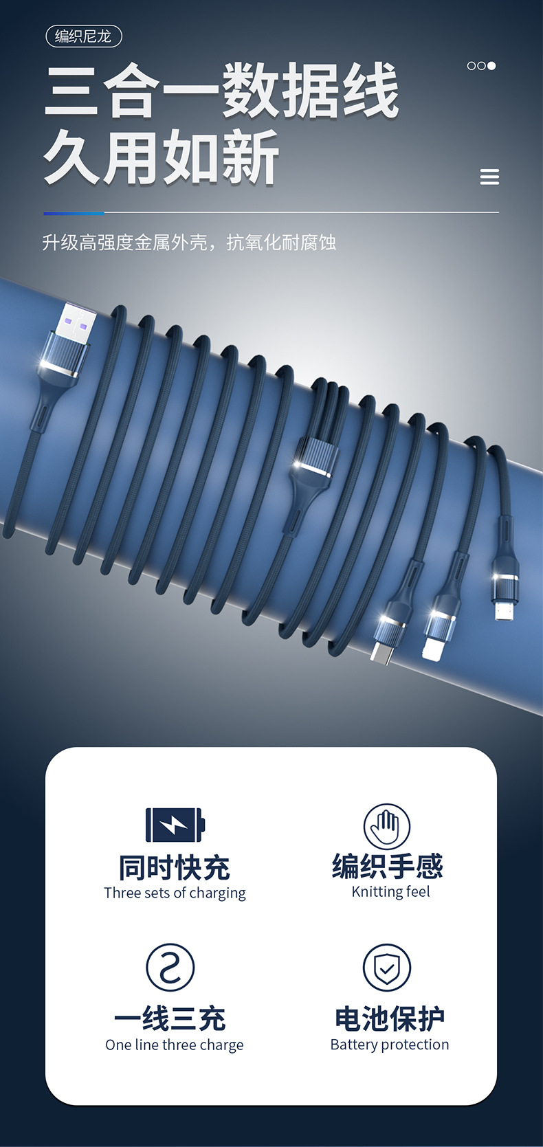 6A超级快充一拖三数据线100W布纹编织TYPE-C适用苹果三合一充电线详情22
