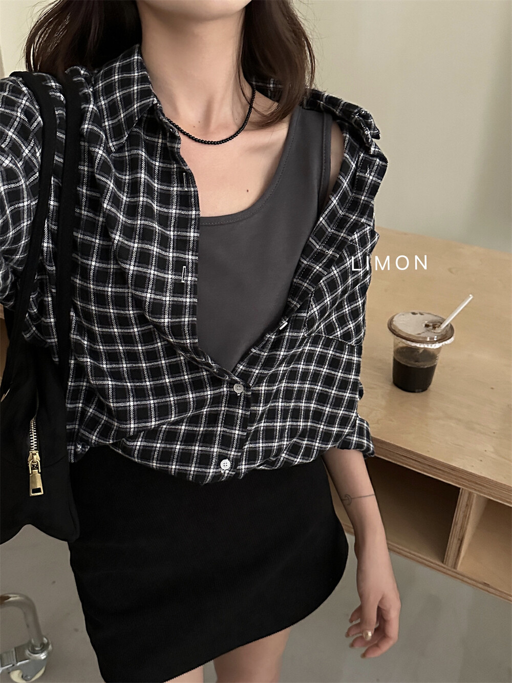 THE LEMON柠檬绿茶设计感宽松显瘦休闲ins假两件格纹衬衫女秋季详情7