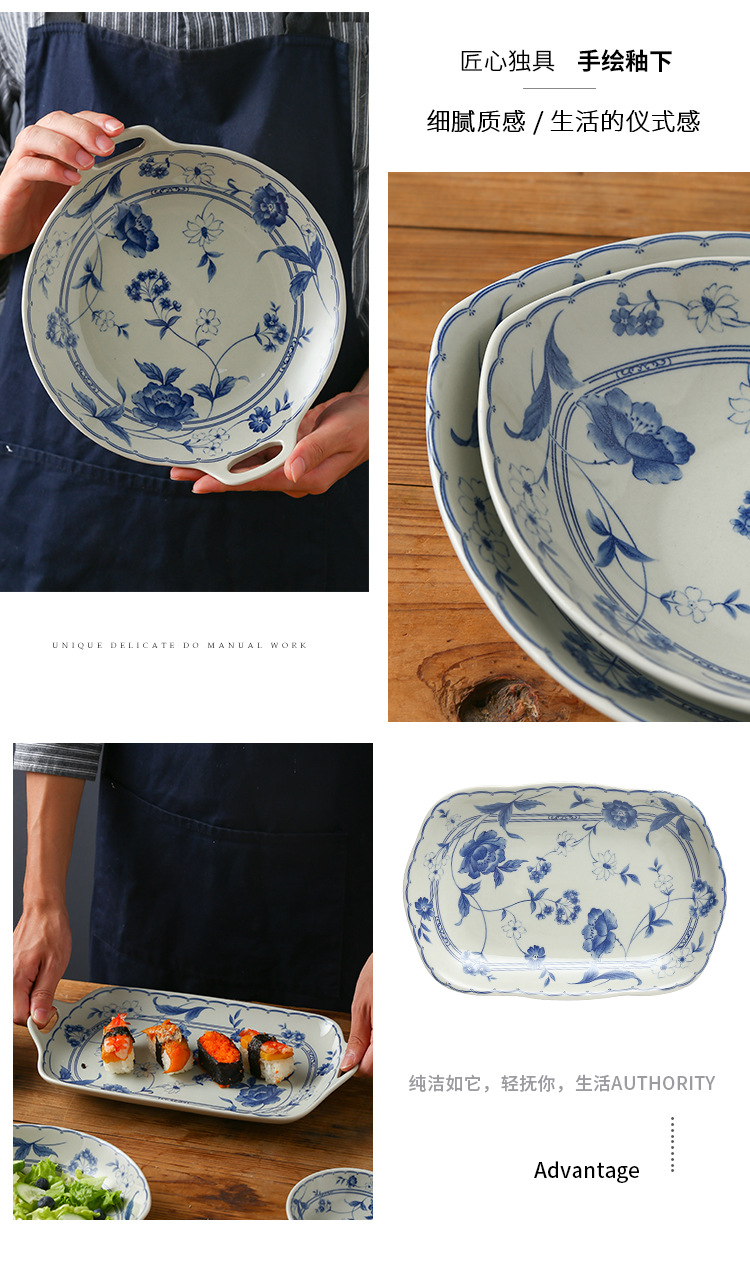 Japanese retro-style ceramic tableware, home blue and white underglaze color creative plates, flat plates, and personalized salad bowls pic 10