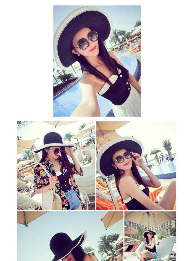 Black and white striped folding summer wide-brimmed sun hat for women, sun-protective beach straw woven hat pic 4