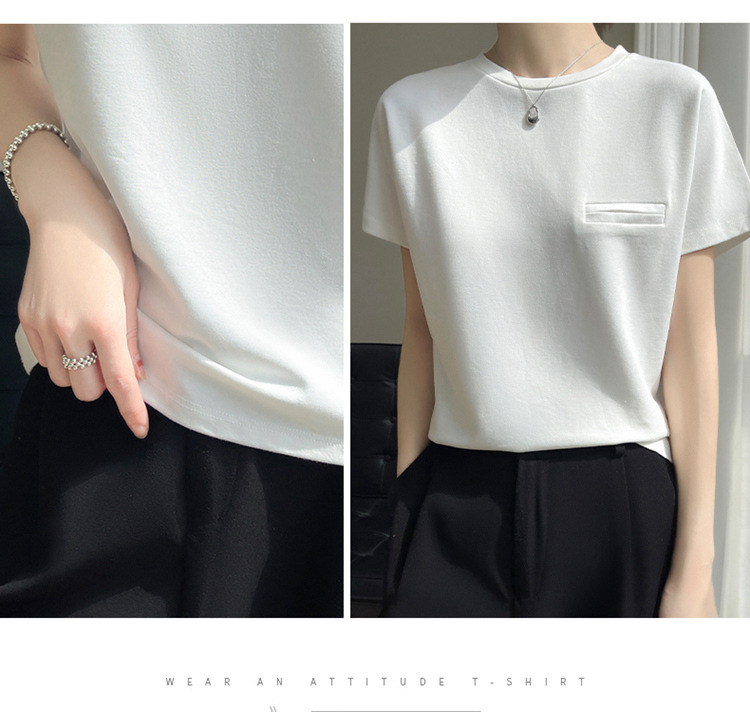 夏季丝光棉纯色短袖女简约设计感口袋圆领T恤宽松时尚百搭上衣详情17