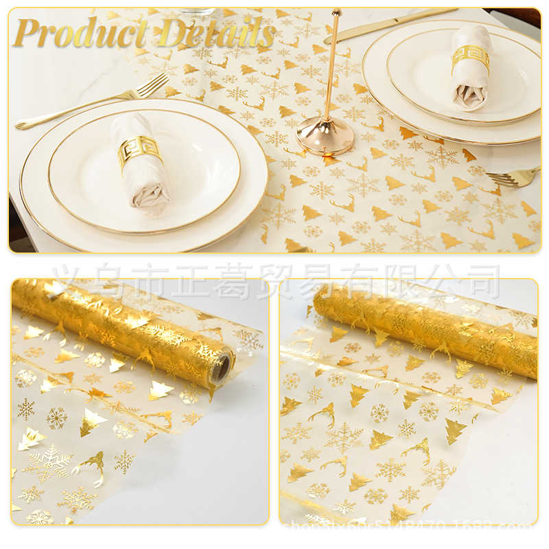 新款现代简约时尚创意大方高级感圣诞桌旗欧根纱烫金色雪花鹿头节日餐桌装饰材料桌布桌旗详情7