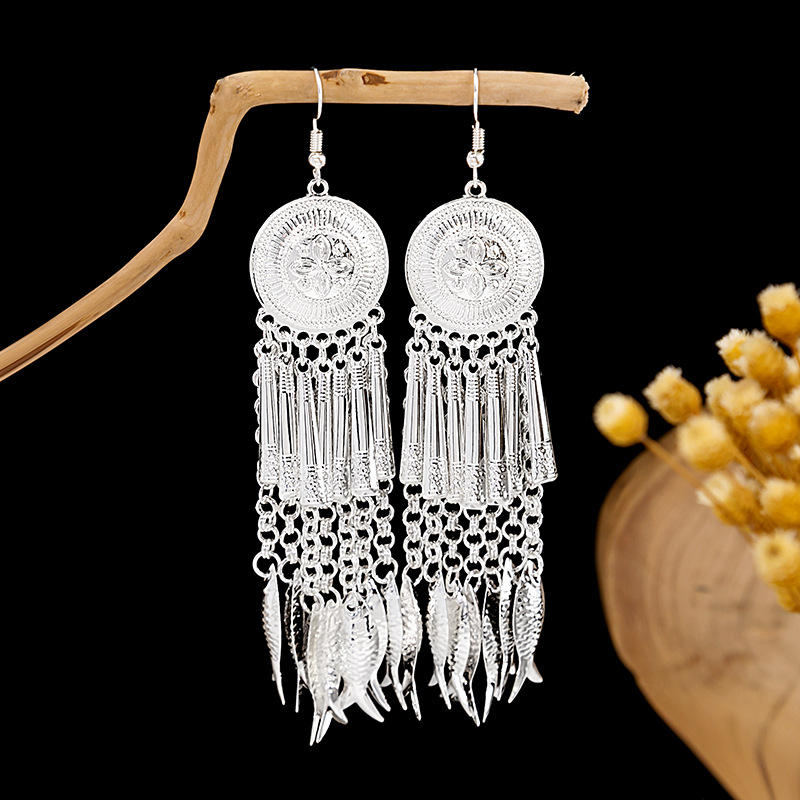 European and American Bohemian long tassel stud earrings, retro ethnic style Miao silver earrings, geometric round small fish earrings pic 8