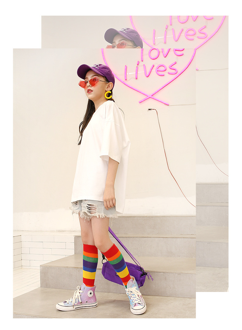 Niñas medias de tubo primavera otoño invierno rainbow cotton dance calcetines estudiante bebé sobre la rodilla calcetines niños pila pila pic 1