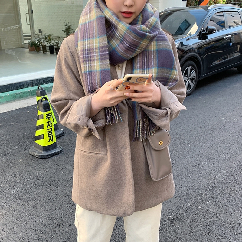 Korean style pink checkered scarf imitating cashmere winter purple scarf 2022 autumn and winter new style widened scarf shawl pic 37