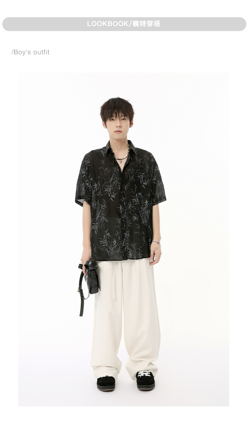MTLCLOTHES男装|2024夏款新品 新中式国风薄款竹叶慵懒短袖衬衫潮详情7