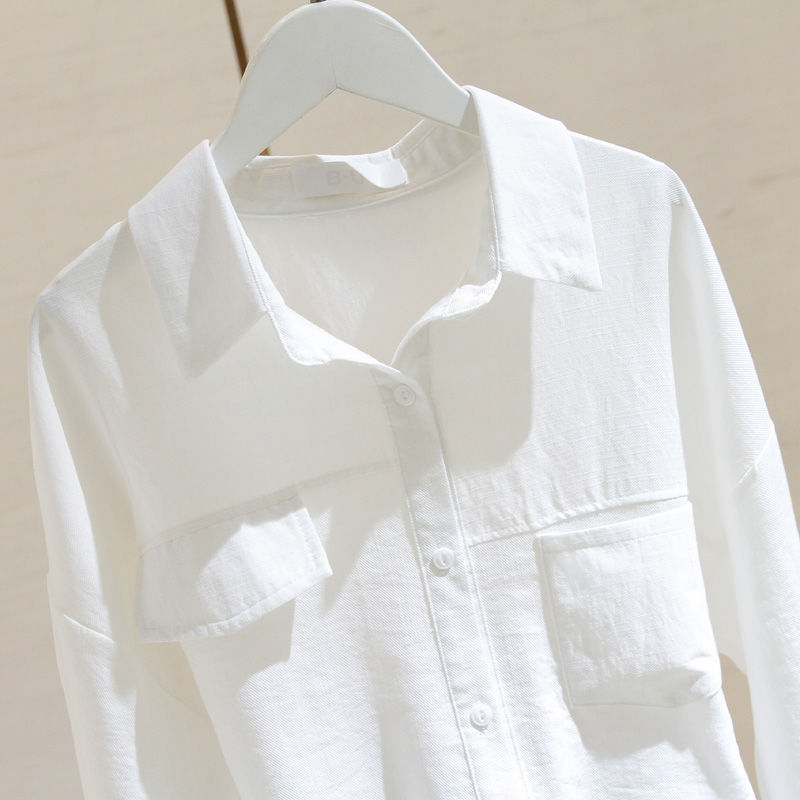 春秋季2022新款棉麻白色长袖衬衫女韩版潮流修身显瘦气质小衫上衣详情1