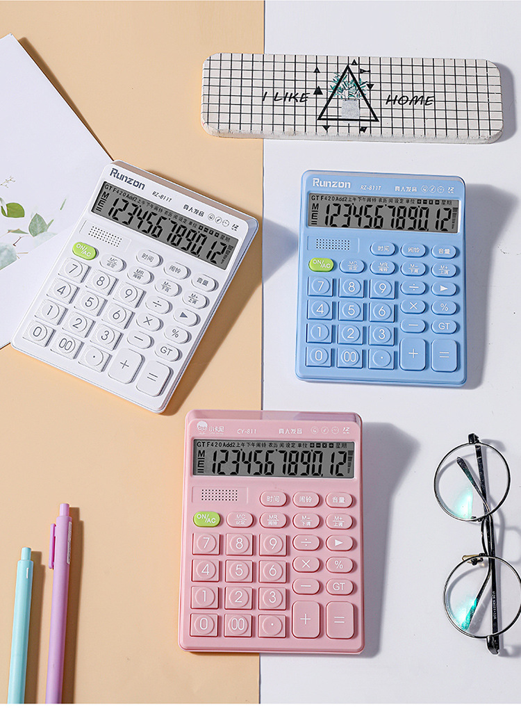 Runzon 811 Voice Calculator with real-person pronunciation, medium-sized macaron color, 12-digit large display screen calculator pic 11