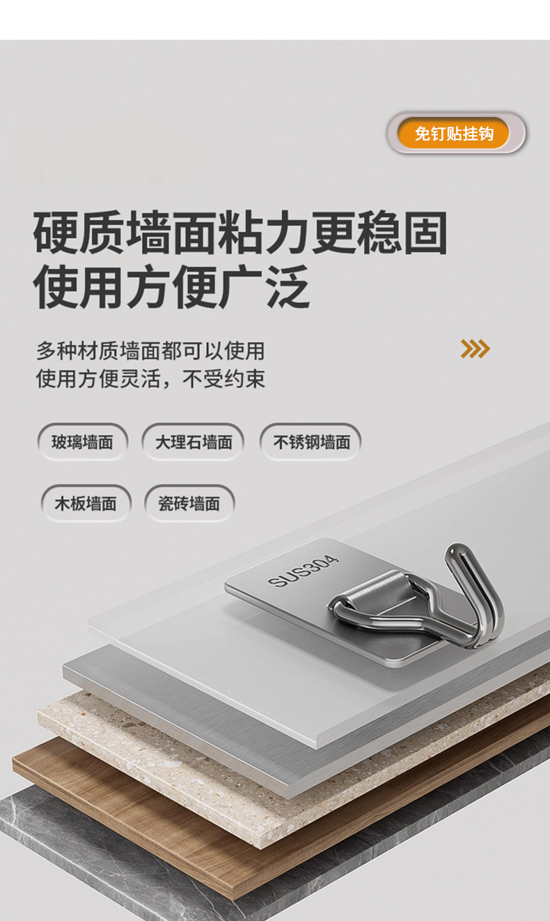 强力挂钩免打孔不锈钢粘胶门后挂衣钩子客厅厨房宿舍粘钩收纳墙上详情11