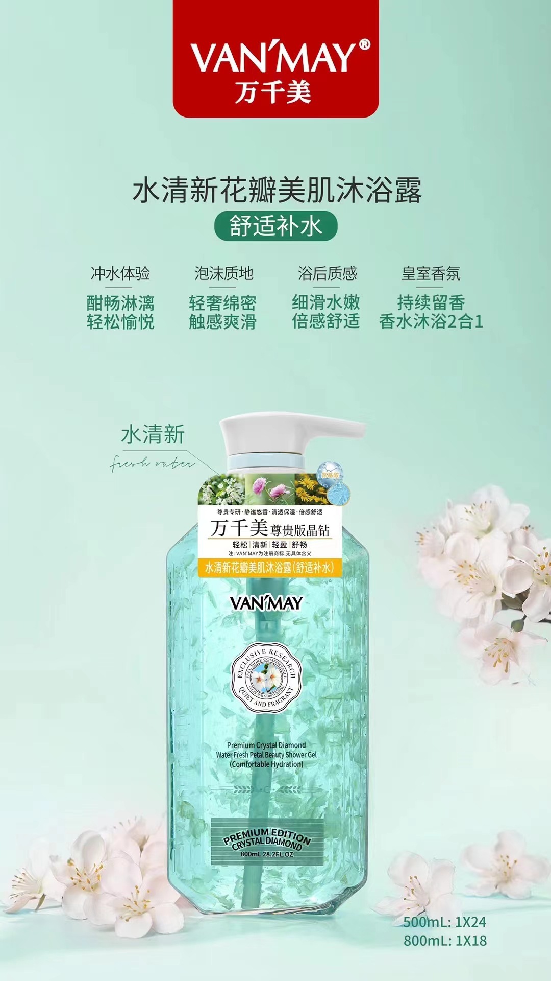 万千美尊贵版晶钻水清新花瓣沐浴露舒适清爽香水沐浴露洗护清洁详情5