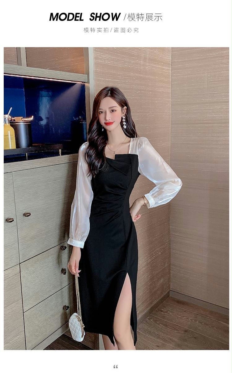跨境连衣裙女秋季2022新款设计感法式复古赫本风黑色开叉长袖裙子详情5