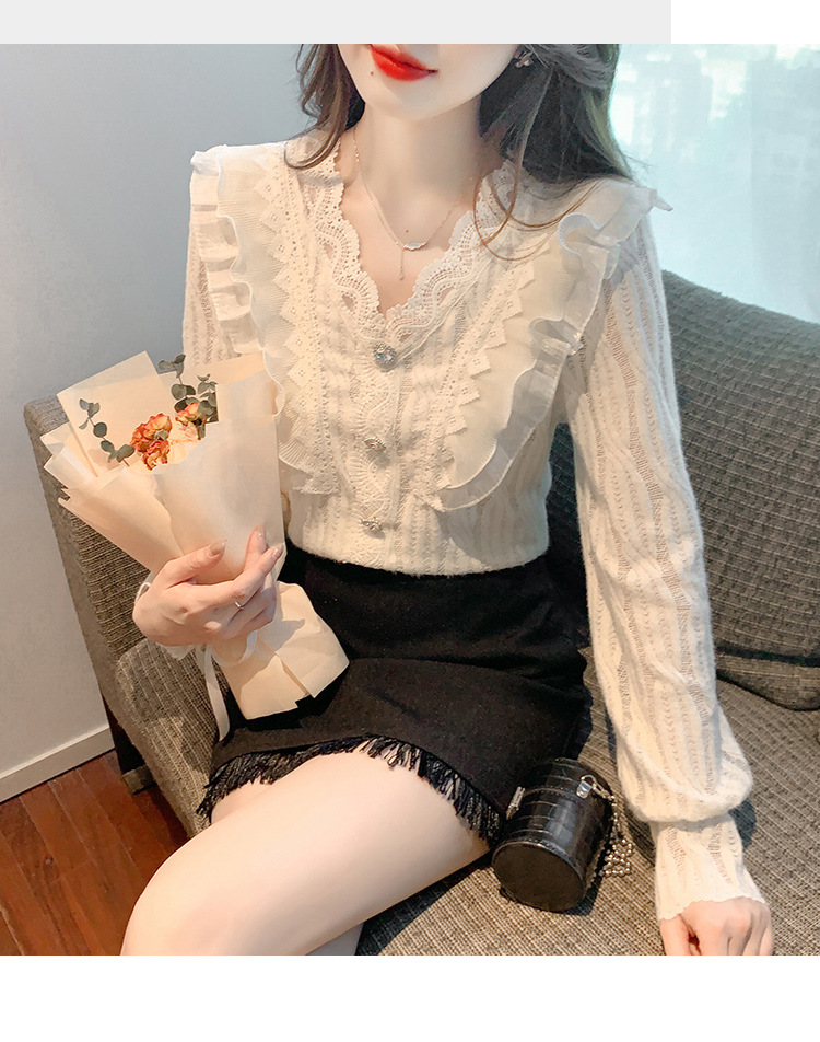秋季法式通勤气质女士蕾丝衫荷叶边衬衫上衣v领长袖衬衫详情11