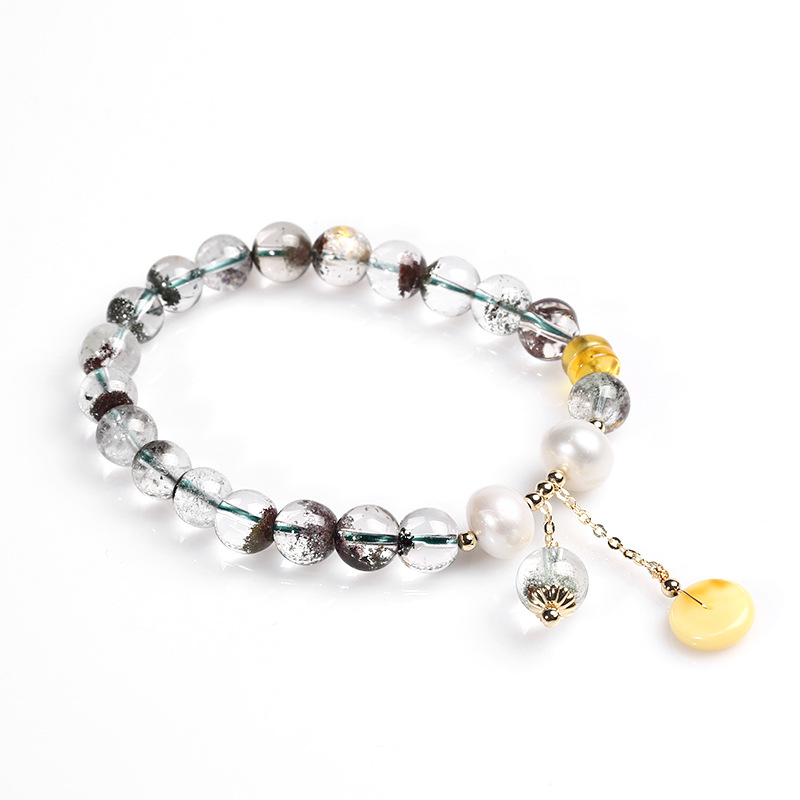 Natural Wealth and Good Fortune Natural Transparent Green Ghost bracelet for women, single circle multi-treasure with amber peace pendant pic 7