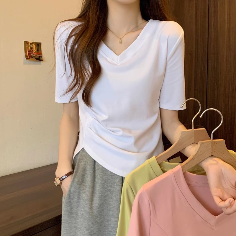 美式不规则V领棉质短袖T恤女纯色洋气小衫夏装显瘦正肩上衣详情6