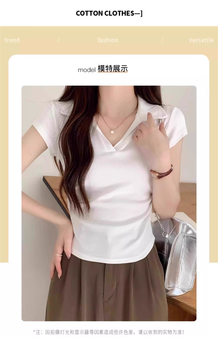 polo collar slimming and form-fitting shoulder T-shirt for women, short sleeve, pure and hot girl, short design with a cinched waist, top for summer pic 22