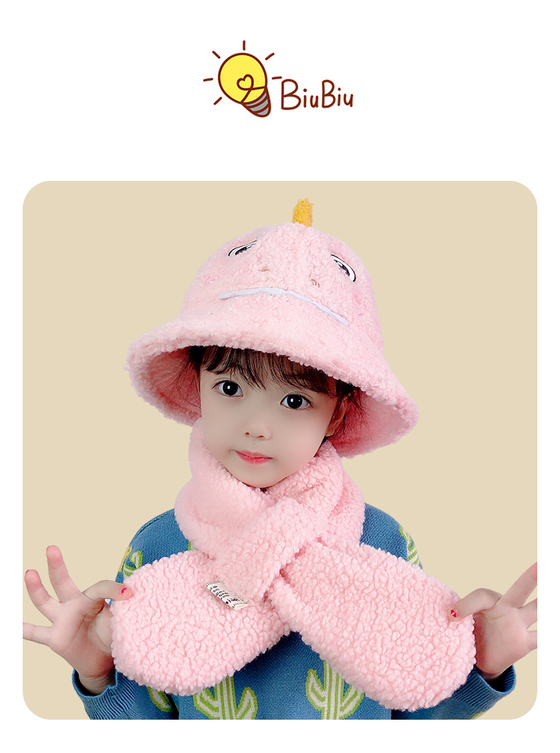 Versión coreana lindo dibujo animado dinosaurio invierno niños sombrero bufanda una mujer invierno caliente cuello bebé pescador sombrero pic 35
