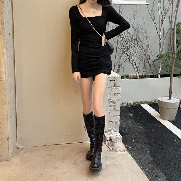 French black square-neck slimming base dress, women's short skirt, a new style of long-sleeved and body-hugging dress for autumn 2022 pic 15
