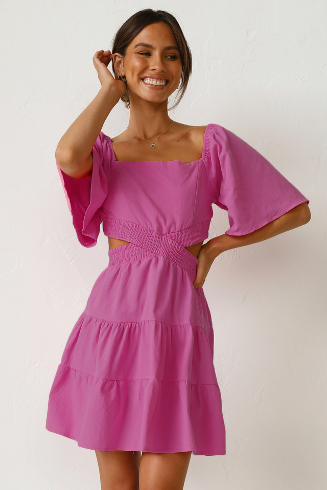 2022 European and American Cross-border Spring/Summer New solid-color rubber-waisted fresh and sweet short dress 22053 pic 3
