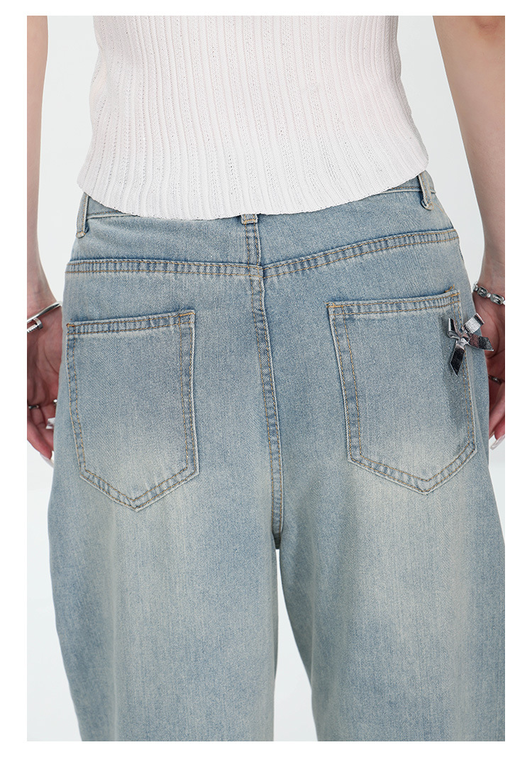 Large-sized retro three-dimensional bow ripped jeans for women with a summer design sense, high-waisted straight-leg loose wide-leg pants pic 23