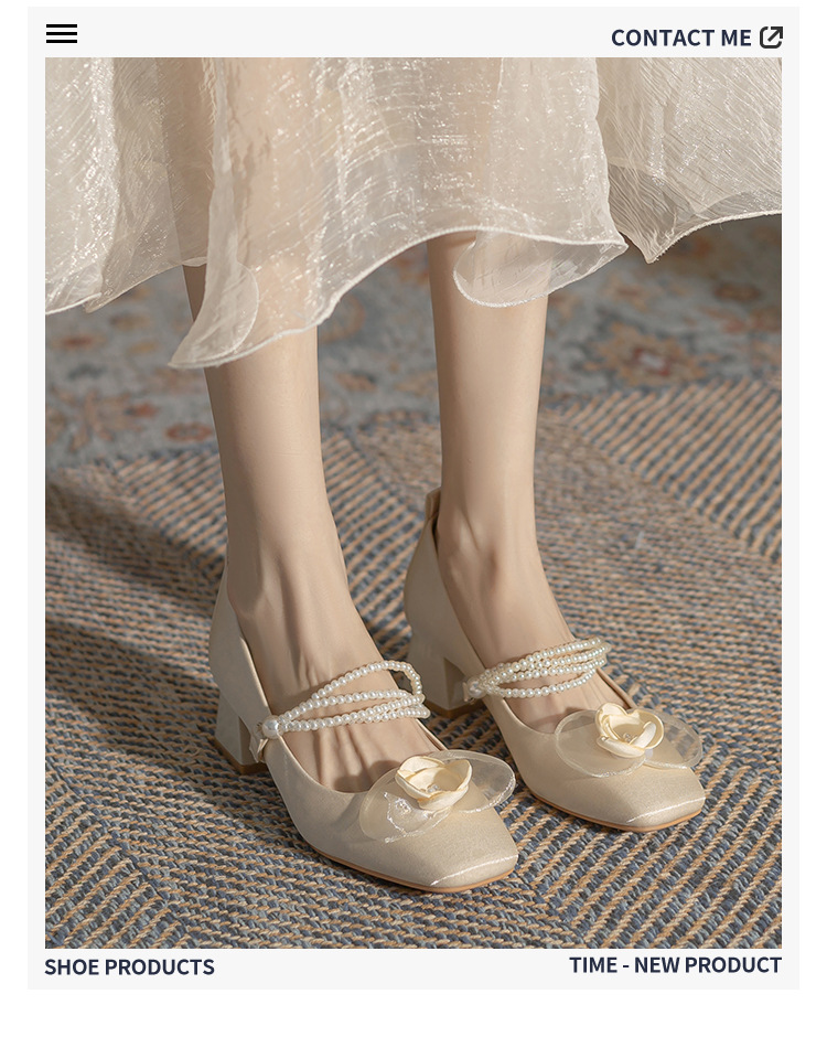 法式玛丽珍方头单鞋女2024春夏新款粗跟中跟女鞋百搭花朵绸缎鞋子详情10